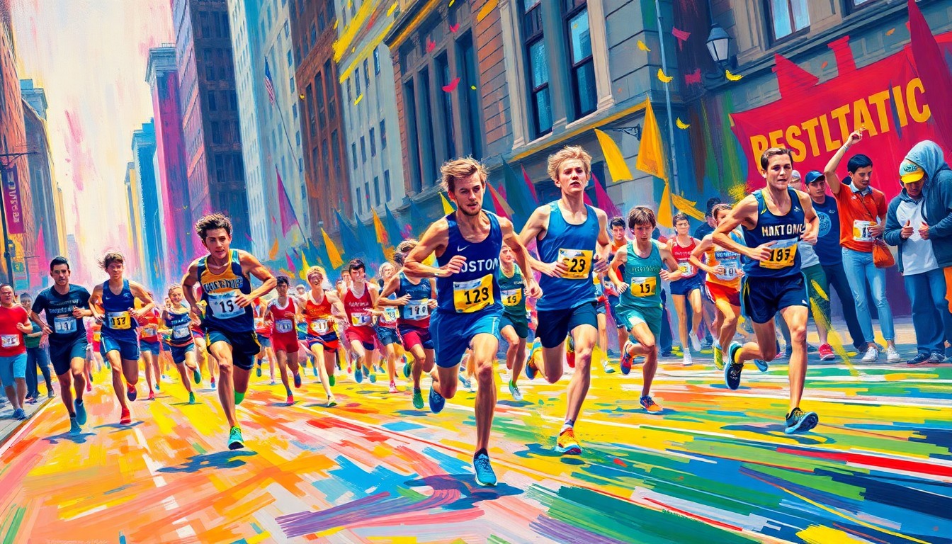 An abstract, energetic painting with vibrant brushstrokes in neon shades of blue, green, and orange, capturing the dynamic movement and excitement of runners competing in the Boston Marathon Invitational Mile.