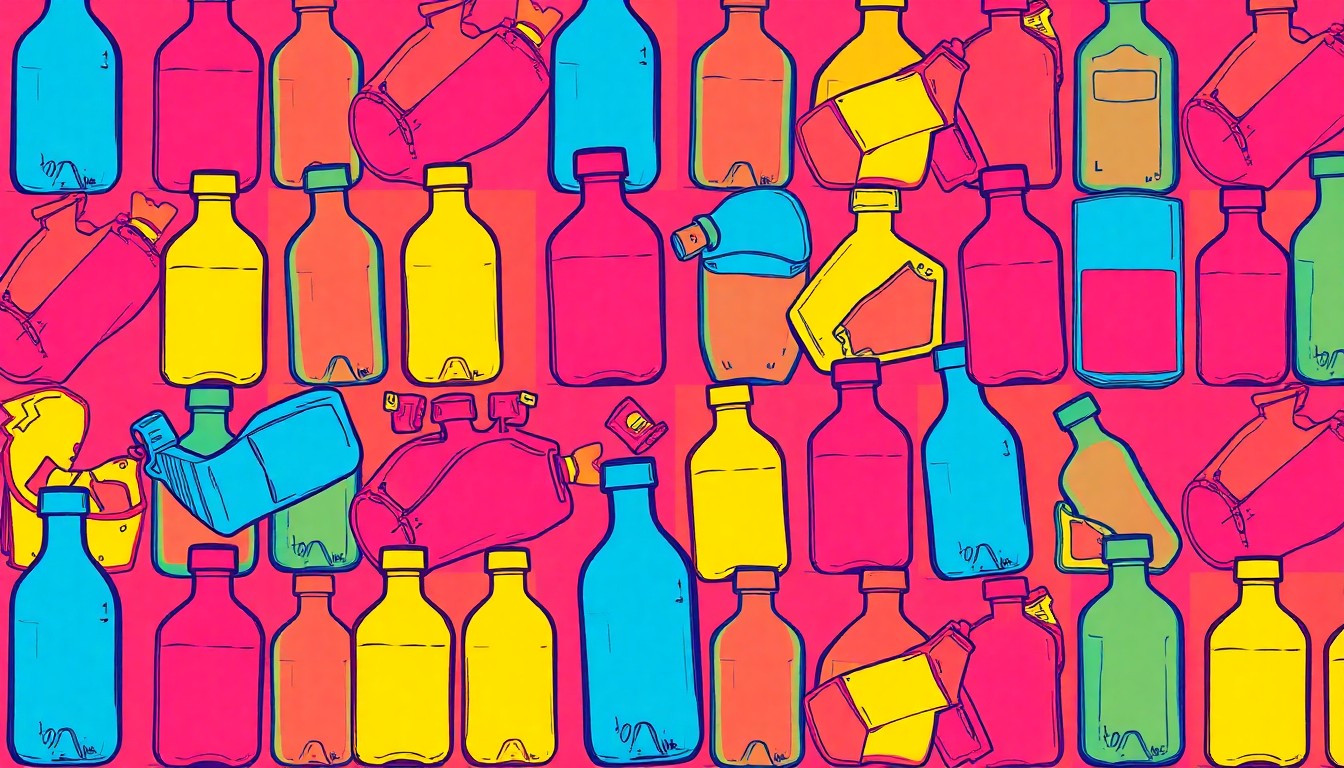A highly stylized, abstract grid of brightly colored, silkscreened images of a discarded plastic bottle, conceptually representing the community's collective effort to address litter and beautify their local environment.