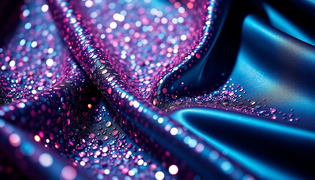 An extreme close-up photograph featuring a luxurious texture of shimmering sequins and satin in deep purple, emerald green, and gold tones, conceptually representing the glamour and joy of a celebrity birthday party.