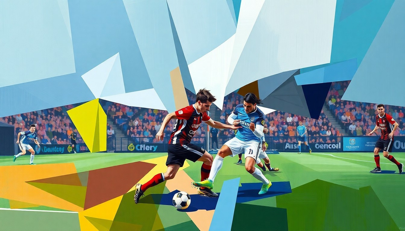 A fragmented, cubist-style painting depicting the intense final moments of a soccer match, with players' bodies and the ball broken down into sharp, overlapping geometric shapes and planes, conveying the raw energy and unpredictability of the game's climactic conclusion.