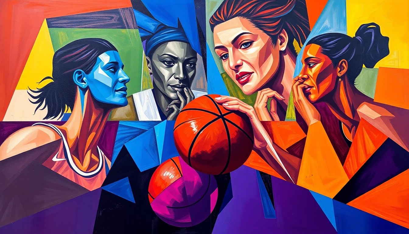 A cubist, geometric painting depicting a WNBA basketball game in a fractured, multi-perspective style, with the players' bodies and the ball broken down into sharp, overlapping planes of vibrant color.