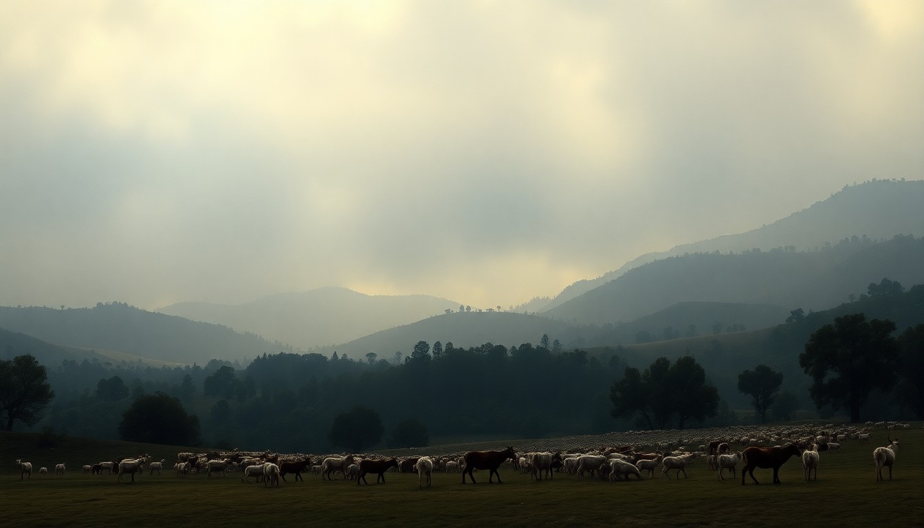 A vast, atmospheric landscape painting in the style of Caspar David Friedrich, depicting the Arroyo Seco in Pasadena shrouded in a dramatic haze. Hundreds of small silhouetted goats graze in the foreground, dwarfed by the towering trees and rolling hills that dominate the scene, conveying the overwhelming scale of the natural environment.