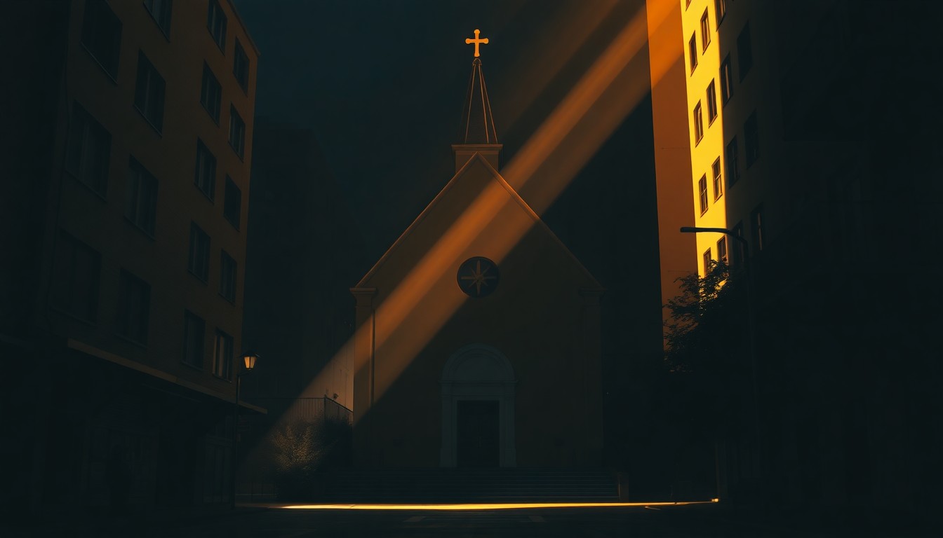 A dimly lit, cinematic painting of a solitary Catholic church in an urban setting, with warm sunlight and deep shadows creating a contemplative, nostalgic mood that reflects the Church's struggle to preserve its moral authority in a changing world.