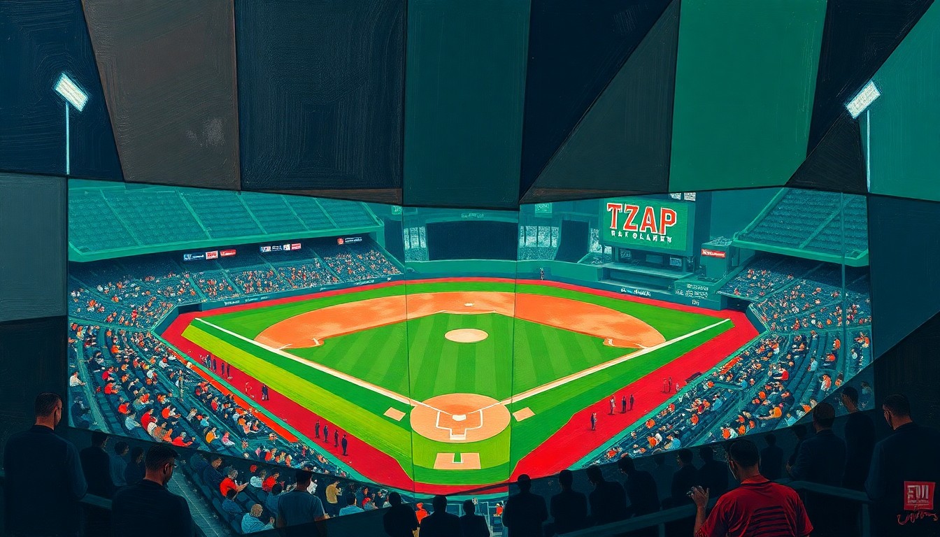 A cubist, geometric painting depicting a fragmented baseball game, with sharp planes of navy, green, and red overlapping to create a dynamic, abstract composition.