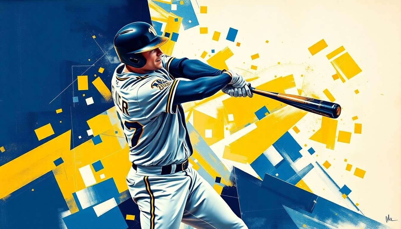 A fractured, geometric painting in vibrant blues, golds, and whites, depicting the explosive motion of a baseball player's home run swing from multiple angles, conceptually representing the rising star power of a top MLB prospect.
