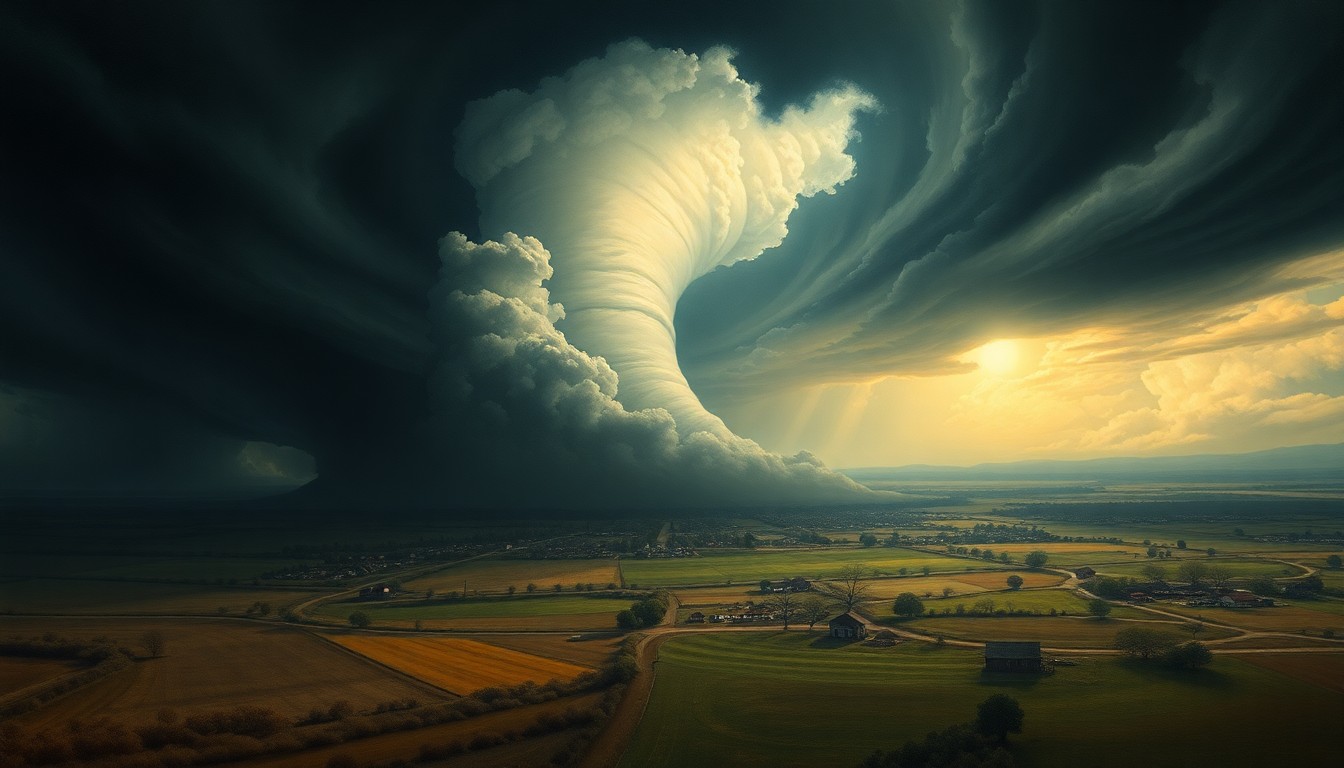 A vast, atmospheric landscape painting depicting a tornado-ravaged rural town, with the physical structures of the town dwarfed by the sweeping, dramatic clouds and turbulent weather conditions.
