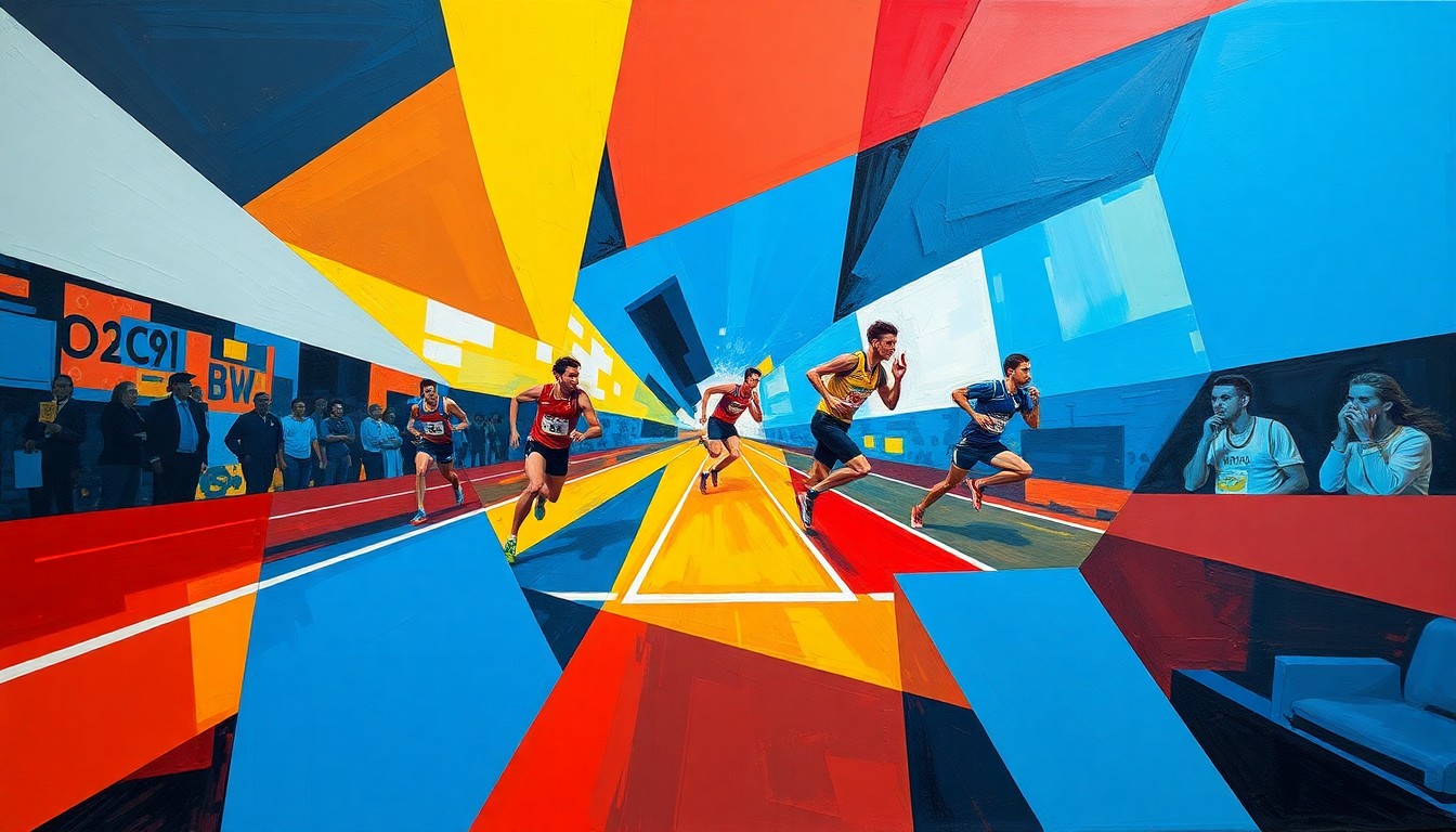 A cubist, geometric painting in vibrant blues, yellows, and reds, depicting the dynamic motion and energy of a track and field competition.