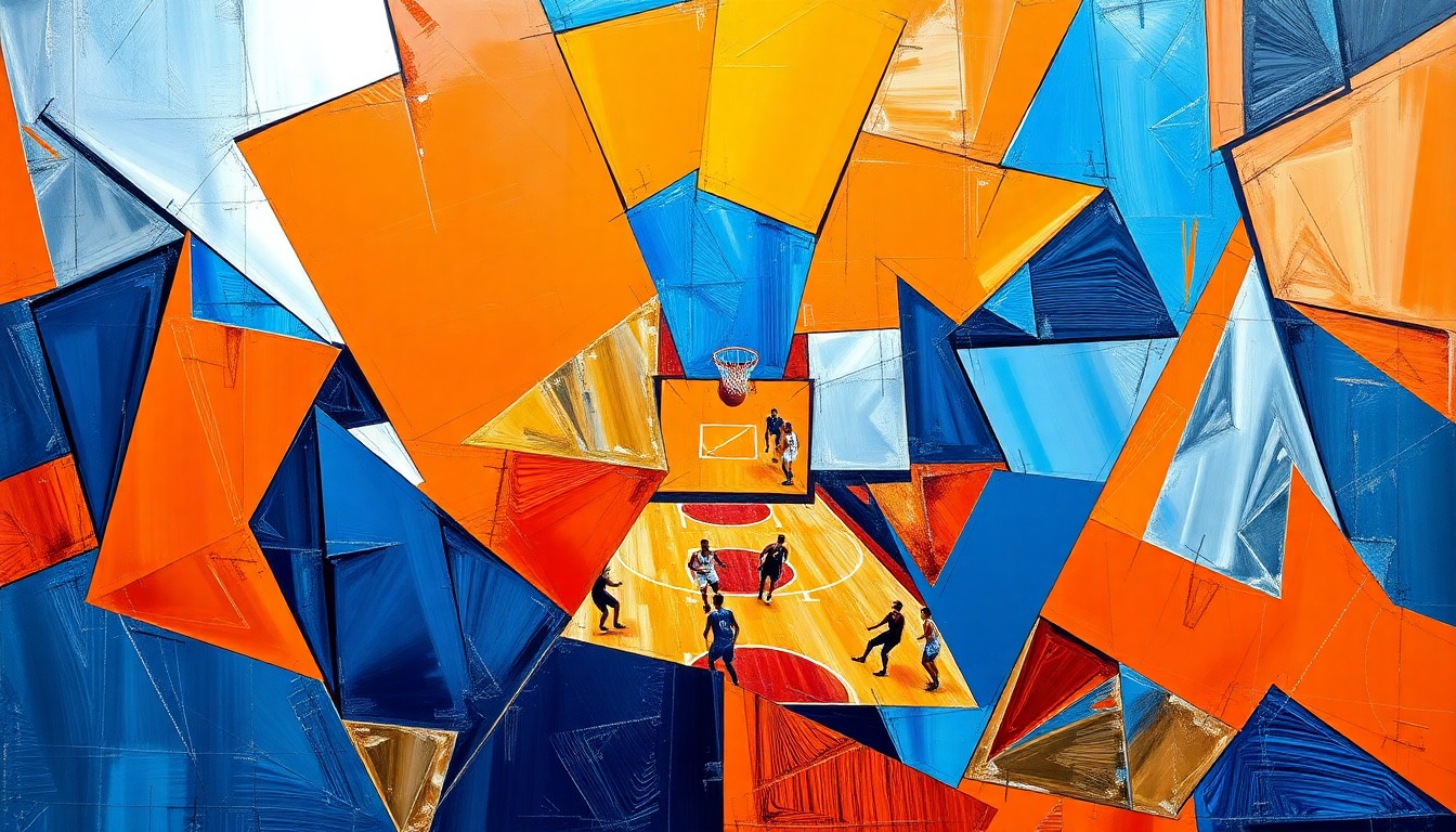 A cubist, geometric painting depicting a fragmented, multi-perspective view of a basketball game, with sharp planes of vibrant orange, blue, and silver colors.