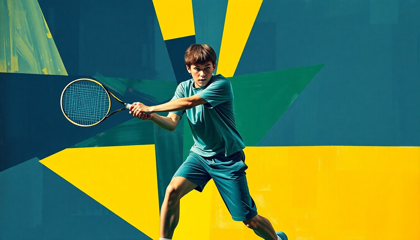 A cubist-style painting depicting a high school tennis player in mid-swing, their body and racket broken into sharp, overlapping geometric shapes in shades of blue, green, and yellow, capturing the energy and movement of the sport.
