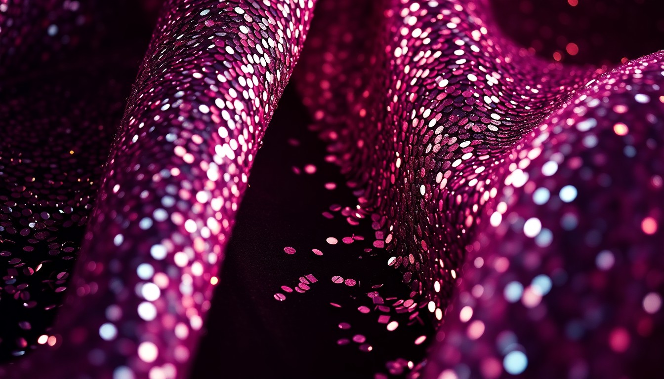 An abstract close-up photograph featuring a dramatic, high-contrast texture of shimmering sequins, capturing the glamour and energy of North Carolina's vibrant entertainment scene.
