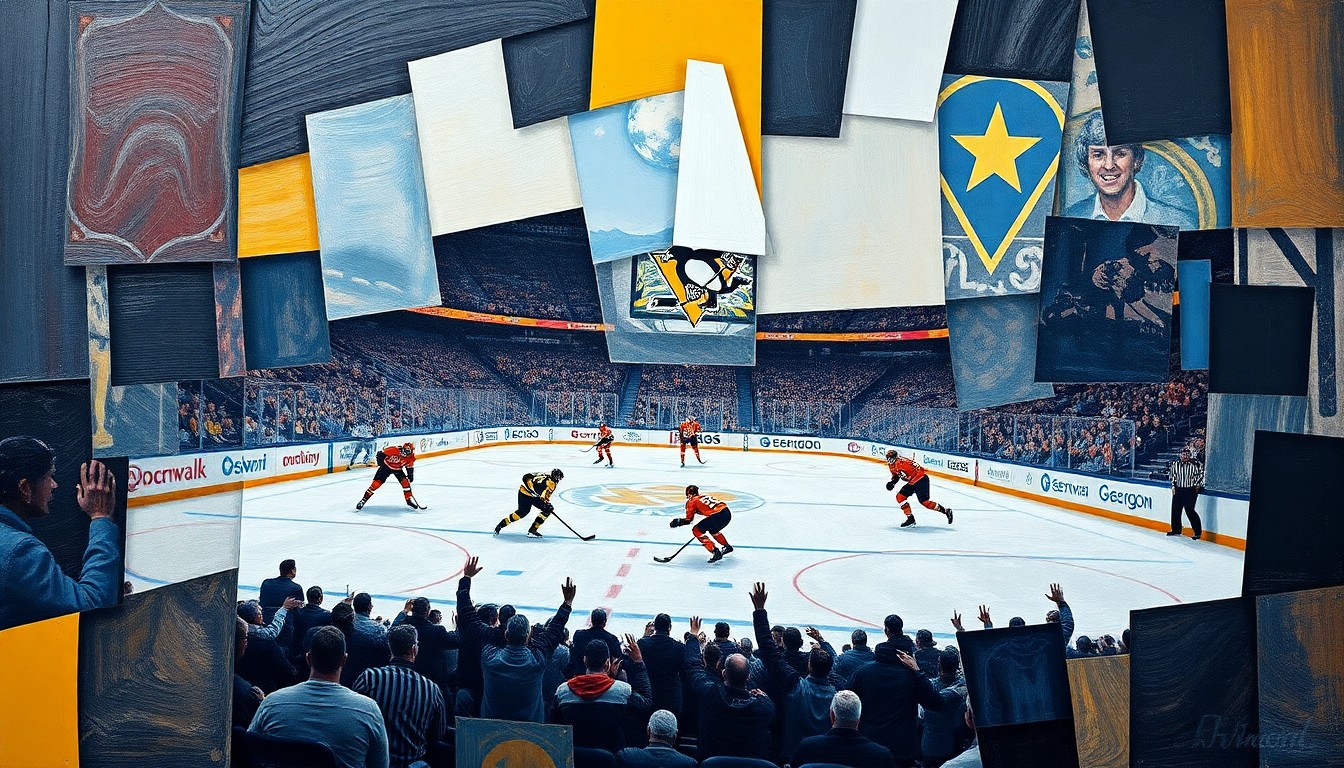 A fragmented, geometric painting depicting a hockey game between the Pittsburgh Penguins and Philadelphia Flyers, with the players and action broken down into sharp, overlapping planes of color and form.