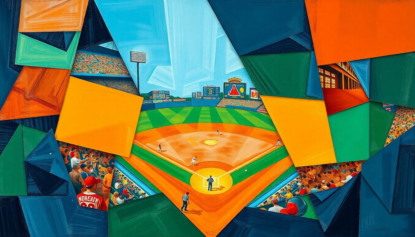 A cubist, geometric painting depicting a baseball game in motion, with overlapping shapes and planes of color representing the dynamic action on the field.