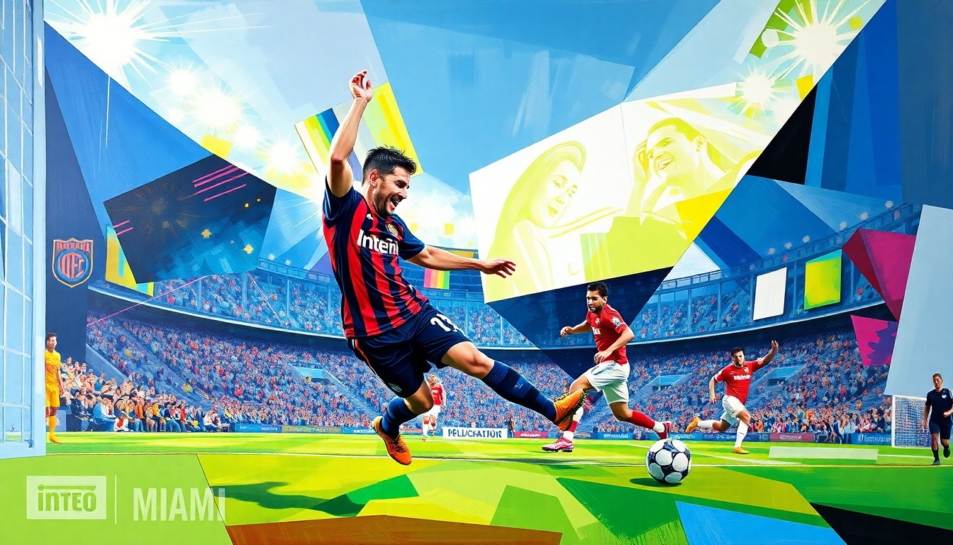 A cubist, geometric painting depicting Lionel Messi's game-winning goal against the Colorado Rapids, with the player's movements and the ball's trajectory fractured into overlapping planes of bright colors representing the teams' uniforms.
