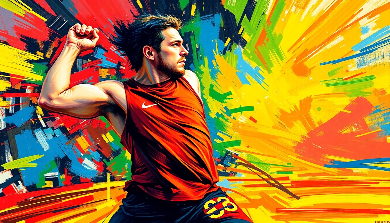 An extreme close-up of a shot putter's muscular arms and torso, captured in a burst of neon-colored, expressive brushstrokes that convey the raw power and energy of the sport.