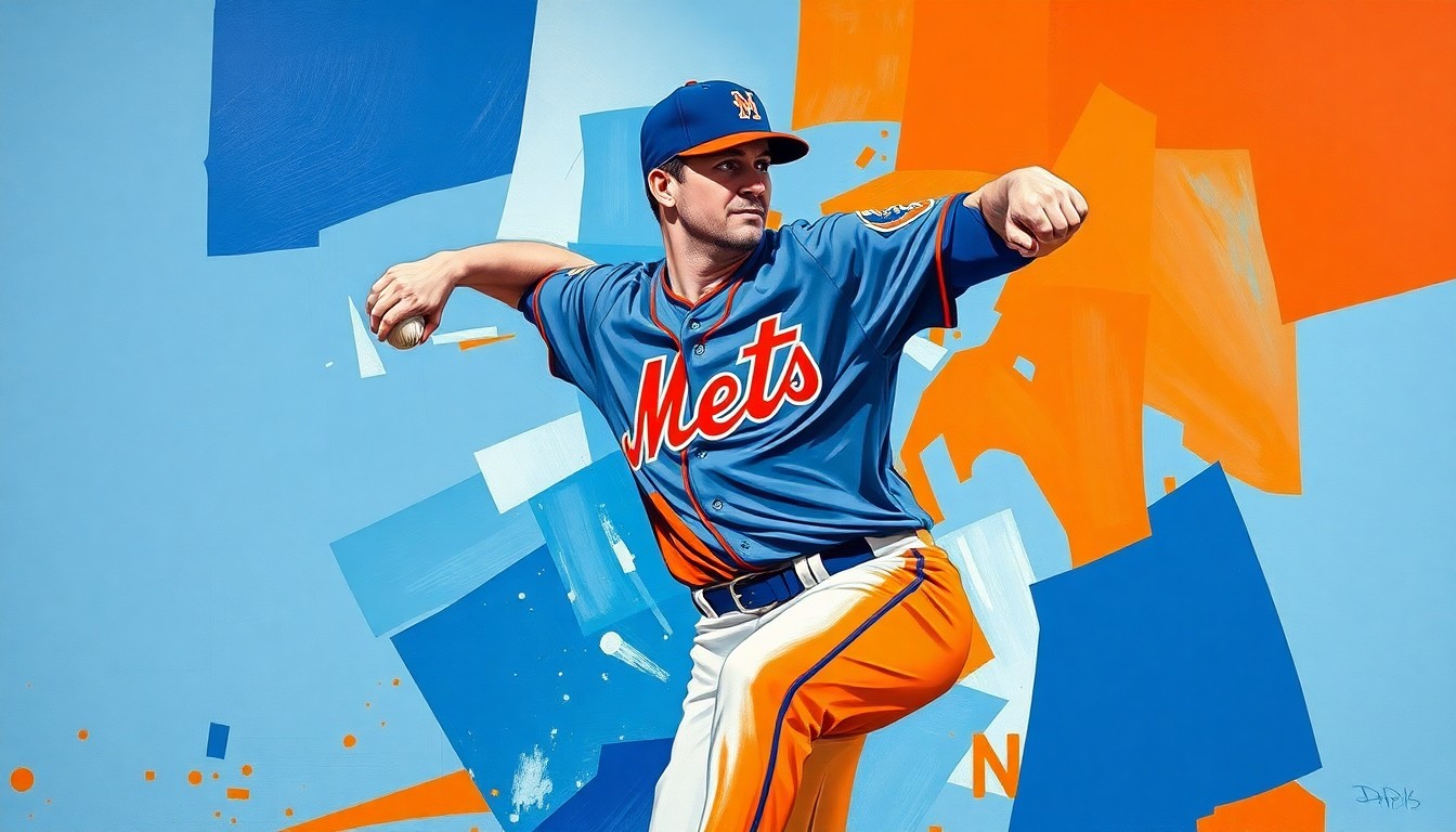 A fragmented, geometric painting depicting a baseball pitcher's delivery, with sharp planes of blue and orange representing the Mets' uniform colors.