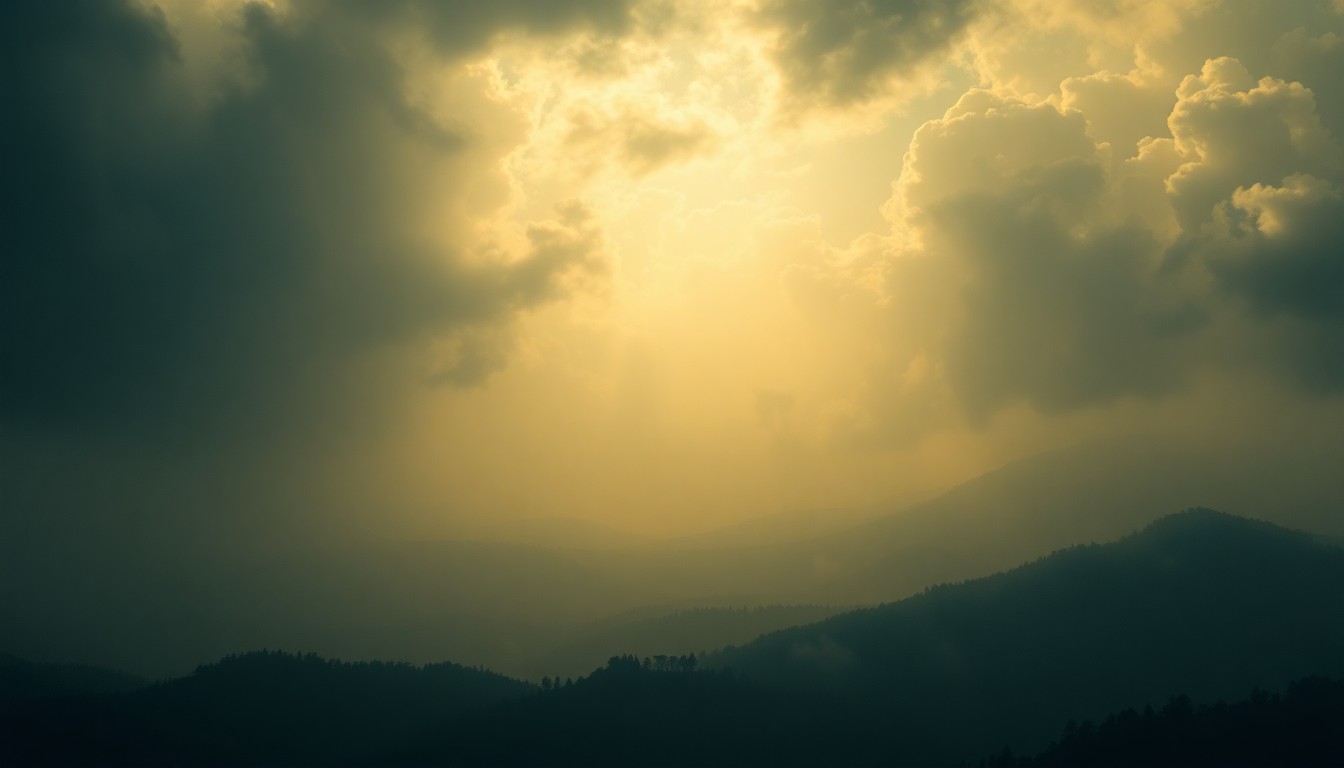 A vast, majestic landscape painting with dramatic, backlit clouds and hazy, humid atmosphere, conveying the overwhelming scale and power of the natural world.