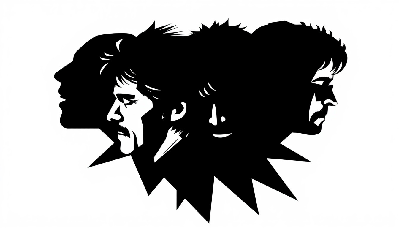 A conceptual illustration in the style of Saul Bass, featuring bold, abstract black silhouettes of the four members of Queen arranged in a striking geometric composition.