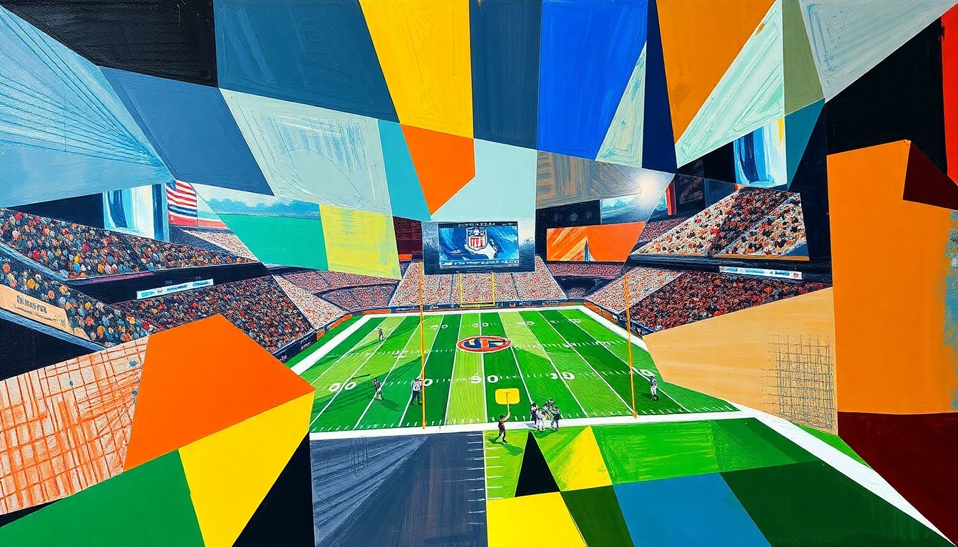 A cubist, geometric painting depicting fragmented football players and draft prospects, representing the 49ers' struggles to find consistent talent in the third round of the NFL Draft.