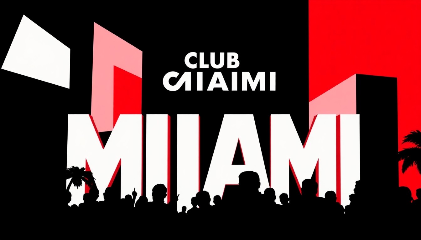 A bold, abstract illustration featuring stark black silhouettes and geometric shapes in high-contrast red and white, conceptually representing the 20-year anniversary celebration of the Club Miami nightclub.
