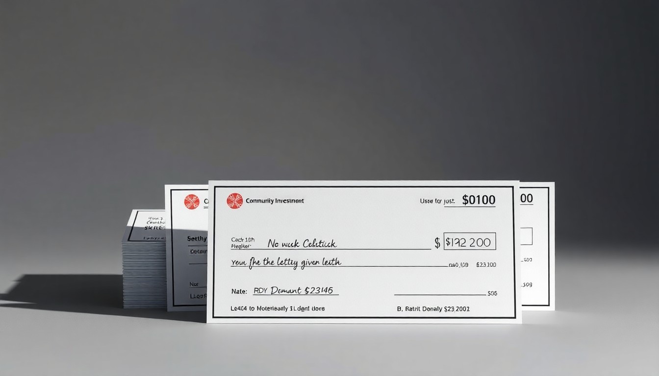 An elegant studio still life photograph featuring a stack of oversized charity donation checks in various denominations, arranged on a clean grey background and lit dramatically to symbolize the power of community investment.
