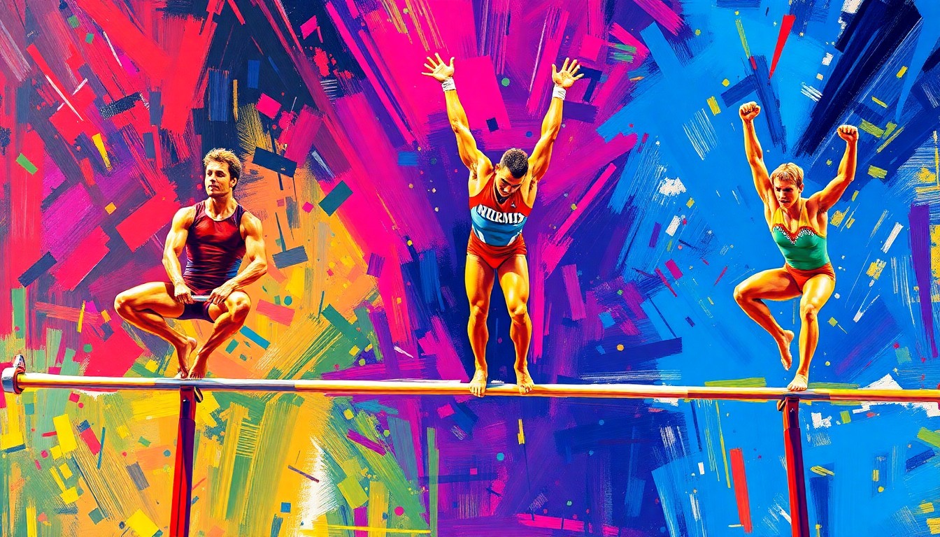 A dynamic, abstract painting in neon colors depicting the fluid movements and energy of gymnasts competing on various apparatuses.