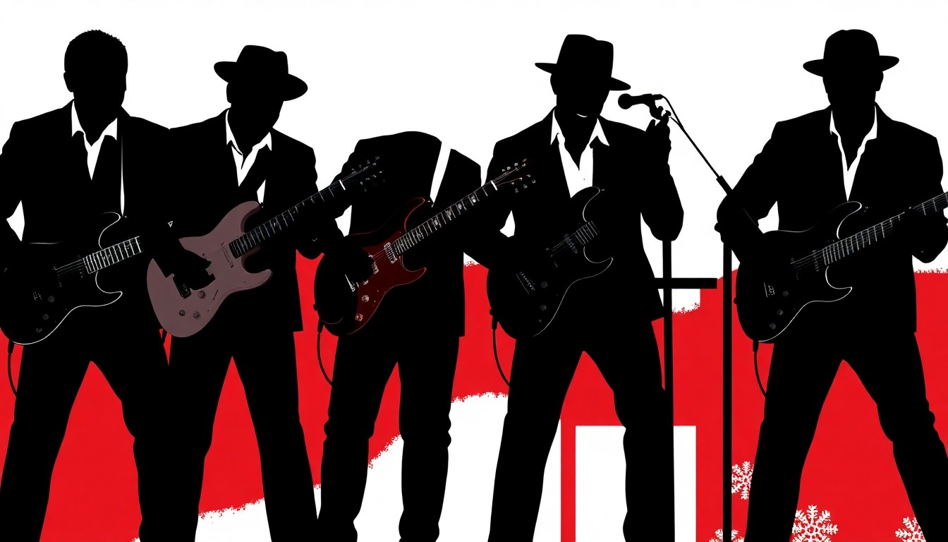 An abstract, minimalist illustration featuring bold black silhouettes of musical instruments and figures against a vibrant red and white background, capturing the energy and rhythm of a blues performance.