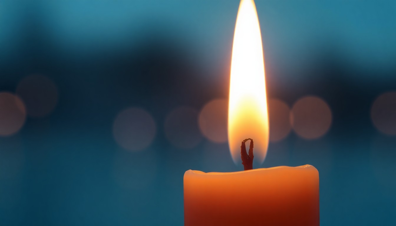 An extreme close-up photograph of a single flickering candle flame, casting dramatic shadows and highlights to create an intimate, serious mood without words.
