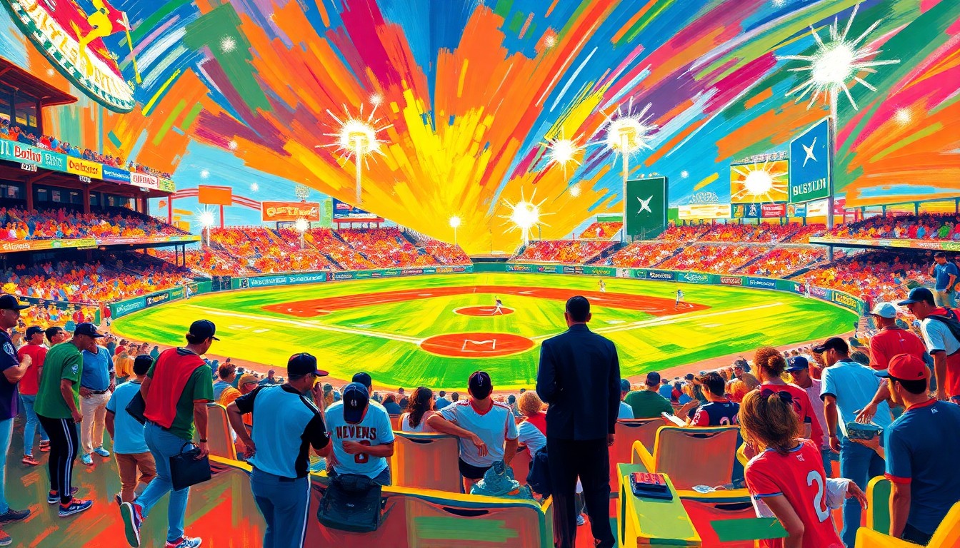 An abstract, energetic painting featuring vibrant brushstrokes in neon colors, capturing the intensity and excitement of a college baseball game.