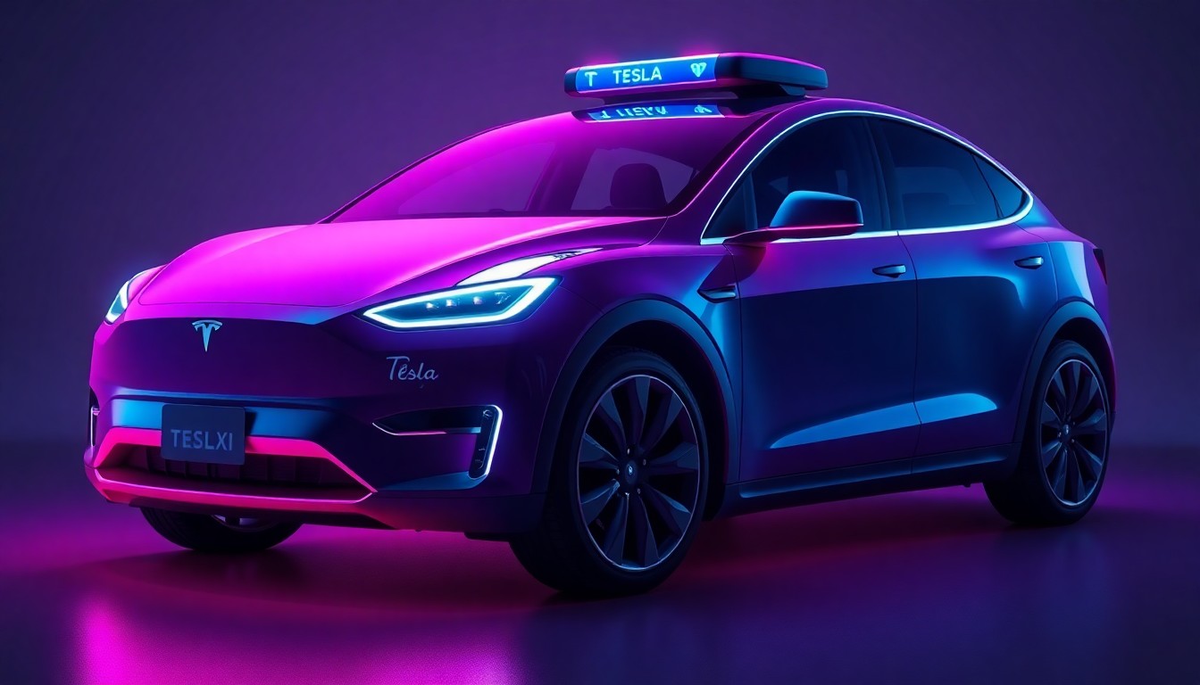 A highly detailed, glowing 3D illustration of a Tesla robotaxi vehicle with neon cyan and magenta lights illuminating its sleek, futuristic exterior, conceptually representing the launch of autonomous ride-hailing in Dallas and Houston.