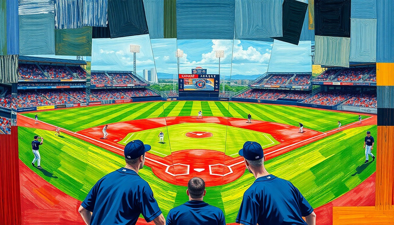 A fragmented, geometric painting depicting the dynamic movements and competing perspectives of a college baseball game, with sharp planes of green, red, and blue.