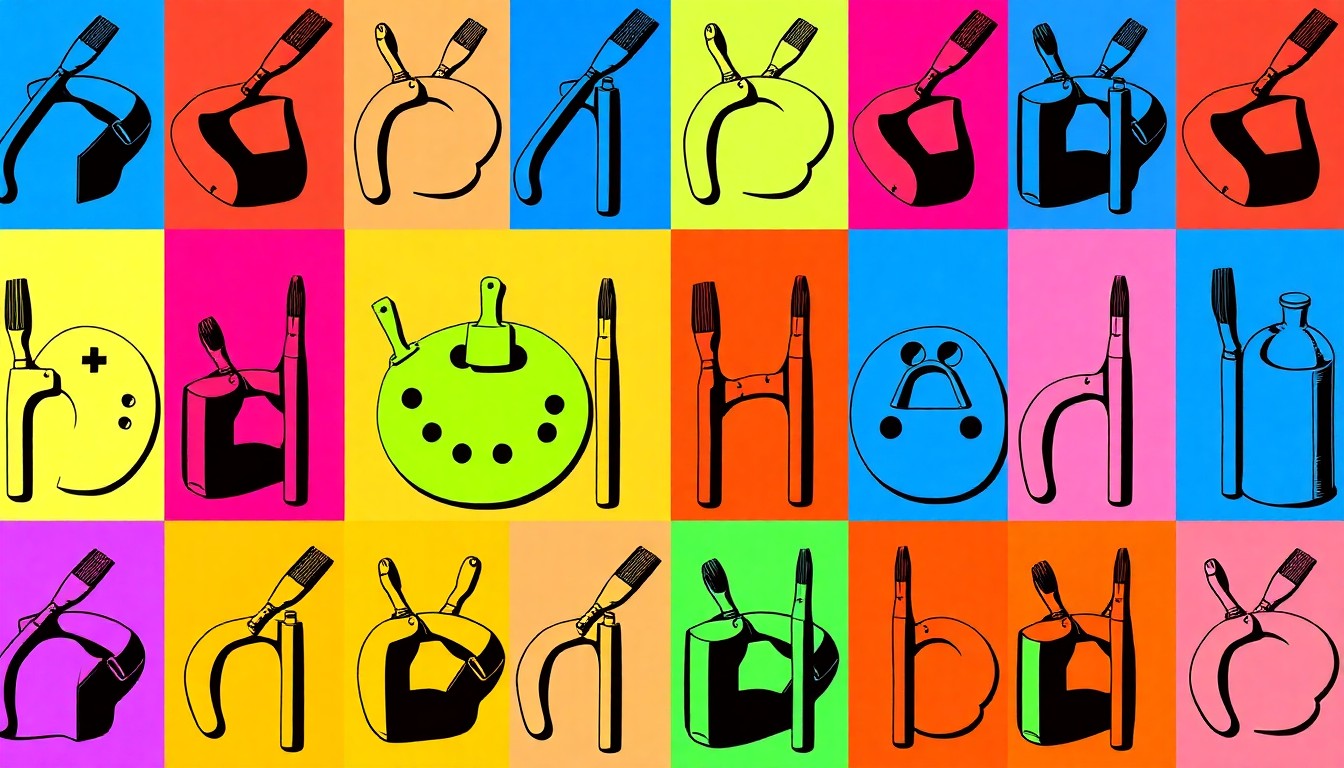 A high-contrast, silkscreen-style illustration featuring a repeated pattern of an iconic artistic object like a paintbrush or sculpture in a grid of bright, neon colors, conceptually representing the eclectic collection of local artwork on display at the new Gallery 320.