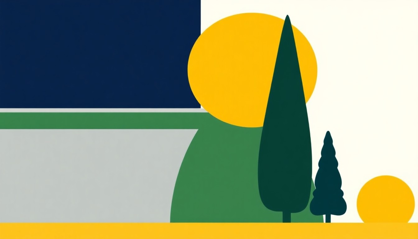 An abstract illustration composed of overlapping triangles and rectangles in navy, green, and yellow, conceptually representing the declining unemployment rate in San Luis Obispo County.