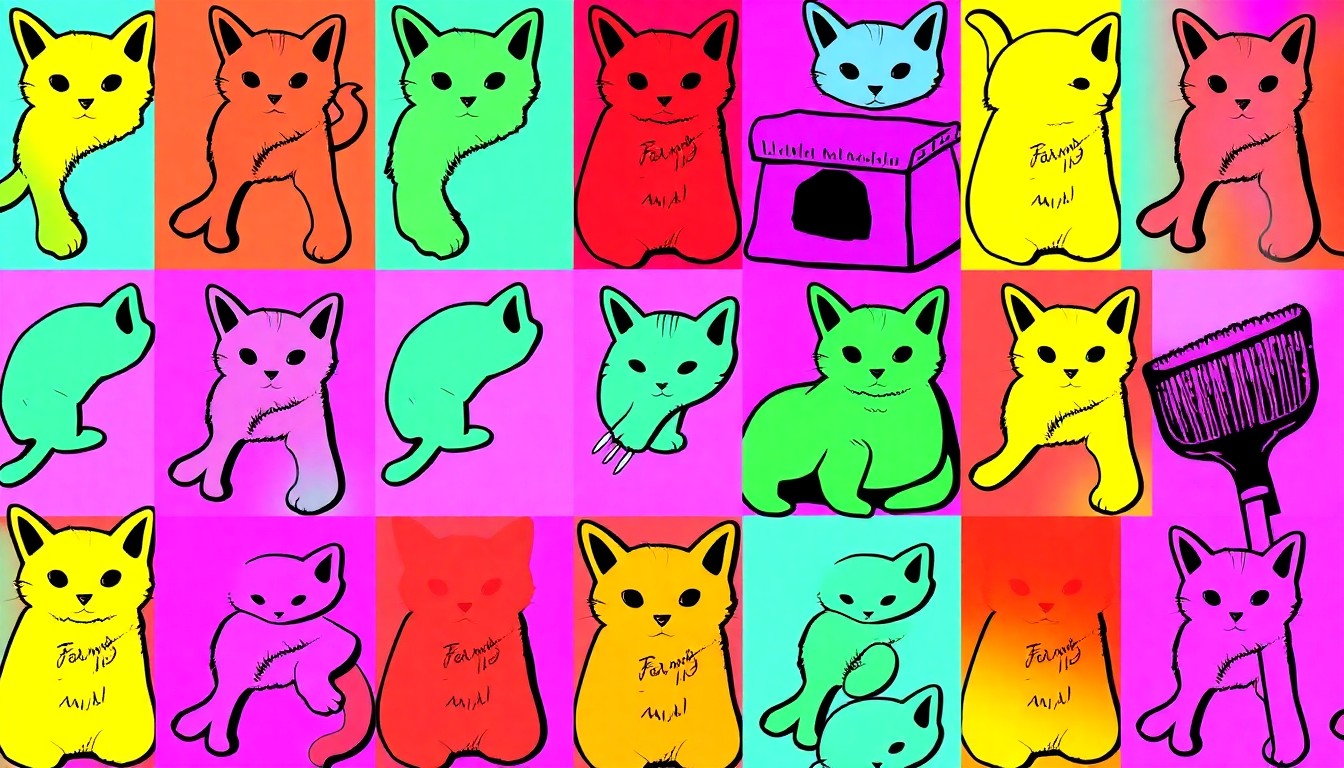 A brightly colored, high-contrast silkscreen print of a single, iconic cat toy or grooming item repeated in a tight grid pattern, capturing the playful and essential nature of pet care products in a modern pop art style.