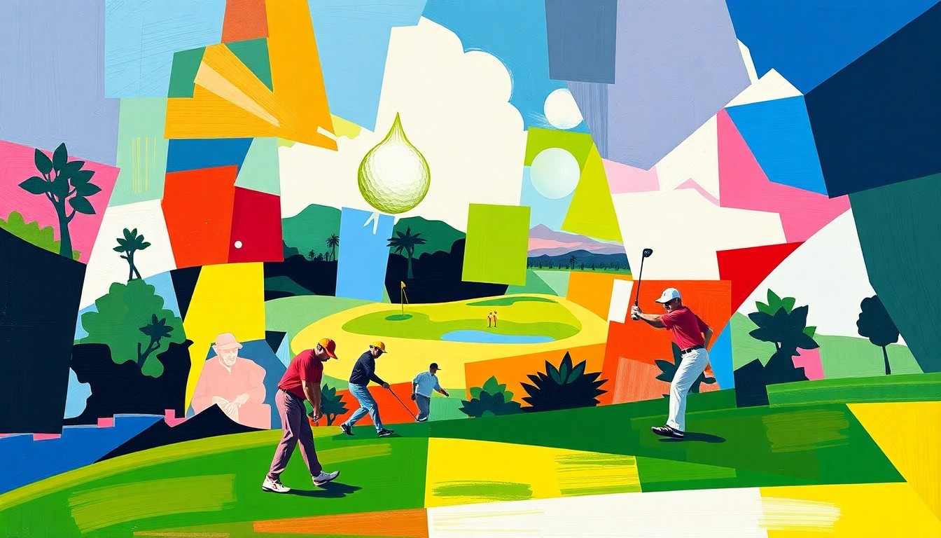 A cubist, geometric painting depicting a fractured, multi-angled view of a golf tournament, with sharp planes of color representing the Wang family's team colors and the dynamic energy of the sport.