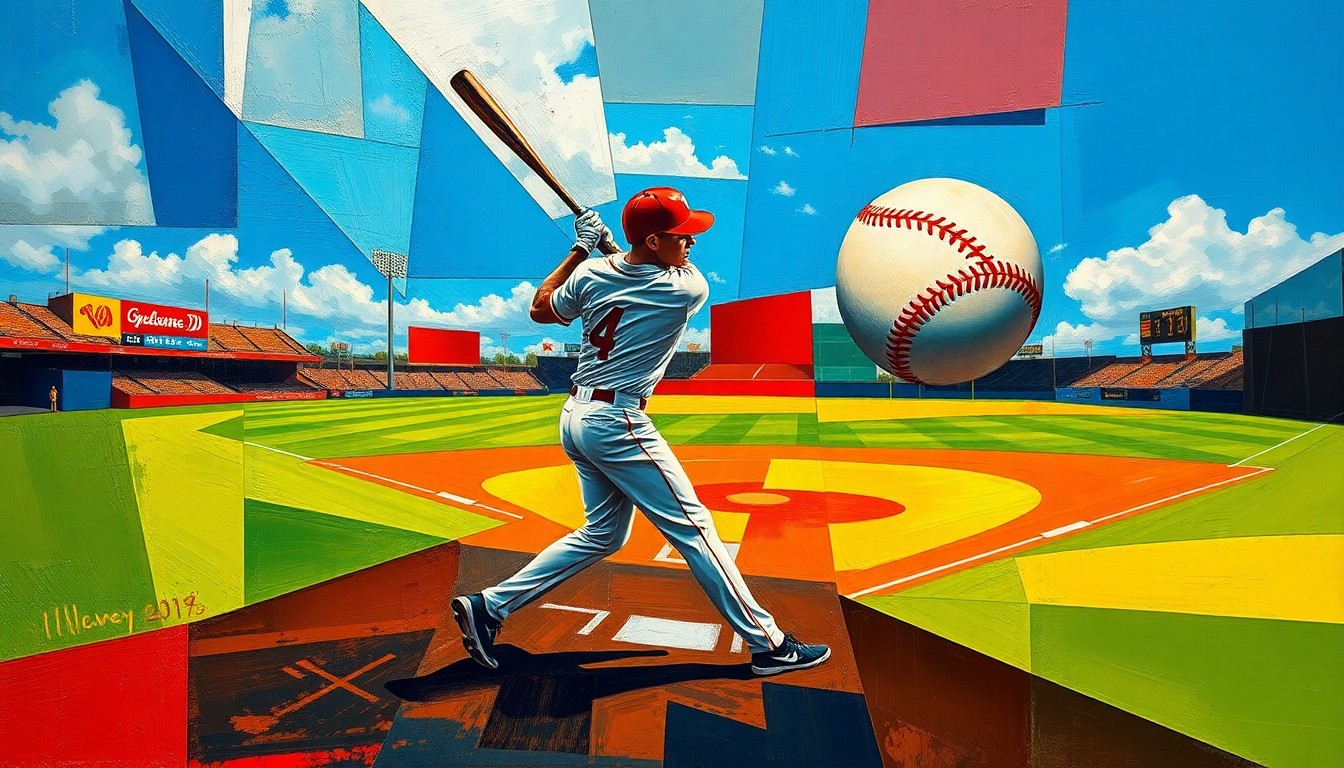 A cubist, geometric painting depicting a baseball player's swing, the ball, and the field of play broken down into overlapping planes of vibrant colors, conceptually representing the dynamic action of a crucial late-inning hit.