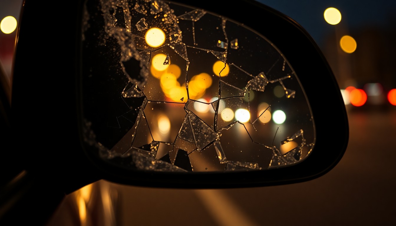 An extreme close-up of a shattered car side mirror reflecting the faint glow of streetlights, conceptually representing the aftermath of a hit-and-run collision.