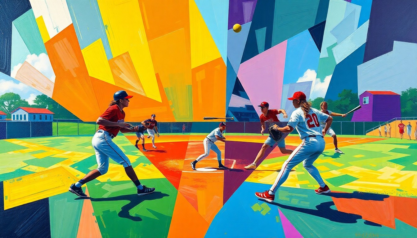 A cubist, geometric painting depicting a high school softball game, with the players and field broken down into overlapping angular shapes in a dynamic composition of bright colors.