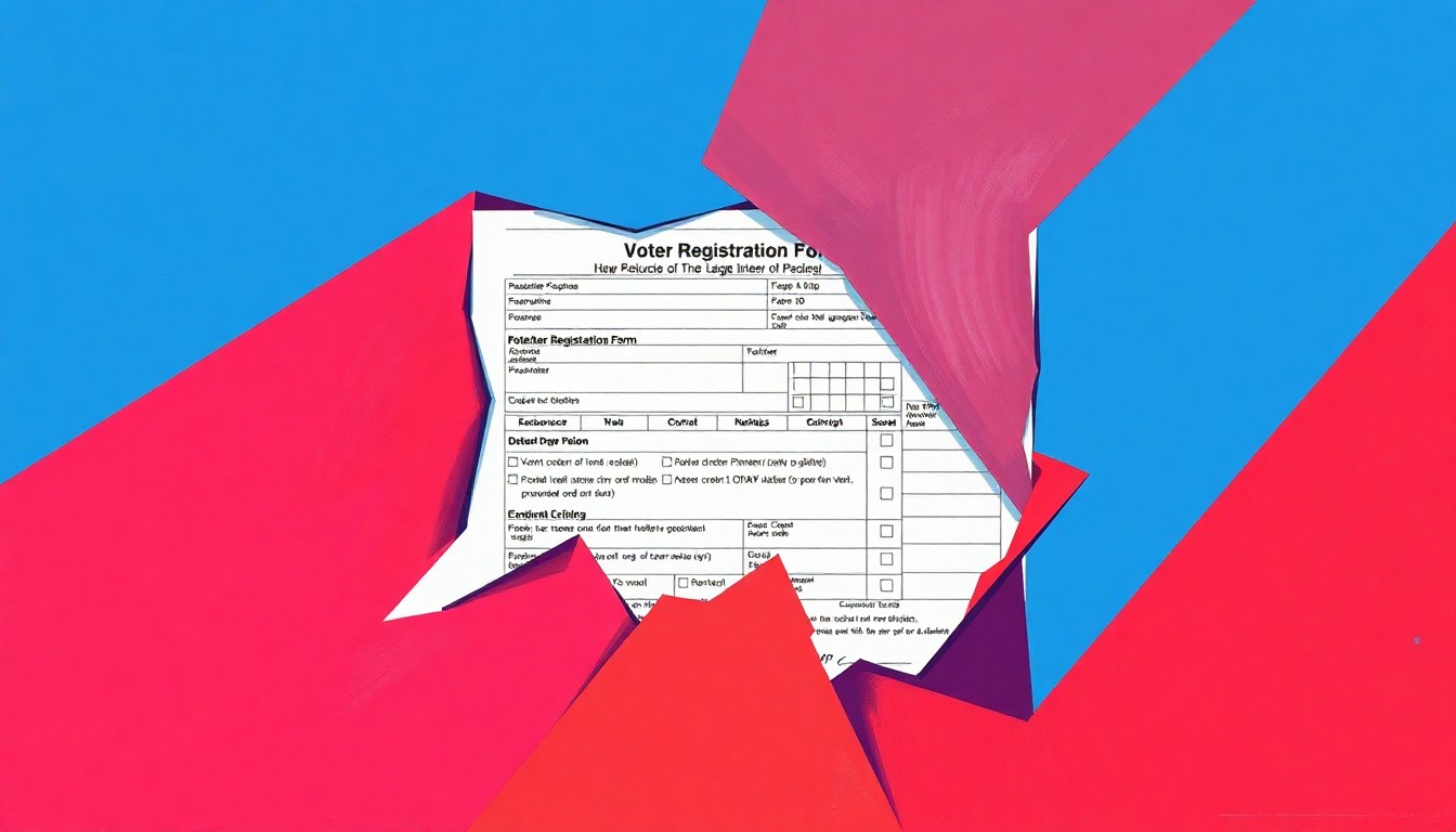 A dynamic, abstract painting featuring overlapping, fragmented geometric shapes in bold colors, conceptually representing the complexities of voter registration and election security issues.
