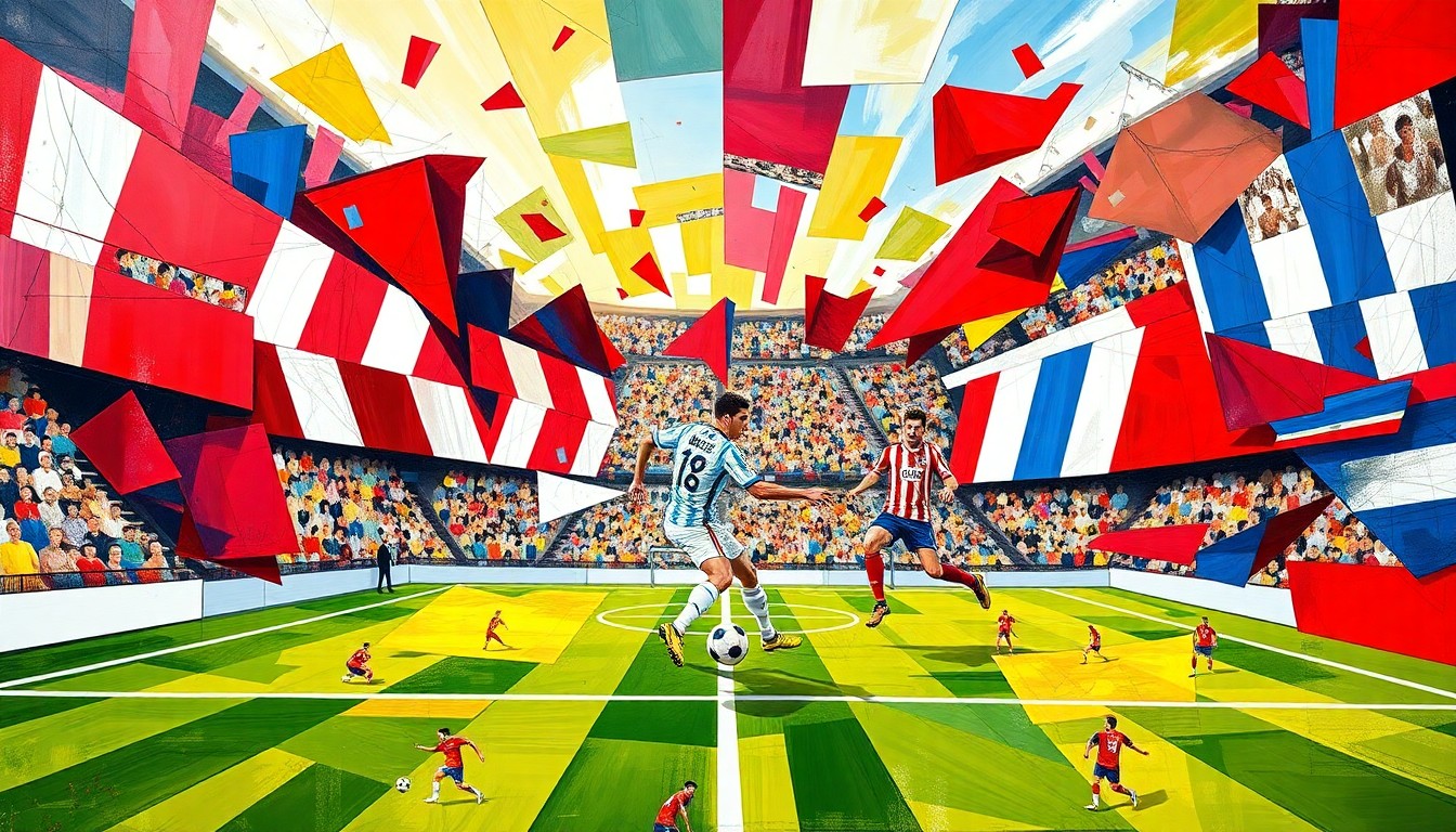 A cubist-style painting depicting a soccer match between Chivas and Puebla, with the players and field broken down into sharp, overlapping geometric shapes in a vibrant color palette.