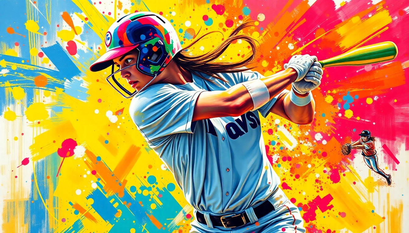 An extreme close-up of a softball player's powerful swing, captured in a vibrant, expressionist style with rapid brushstrokes and neon colors, conceptually representing the raw energy and athleticism of the sport.