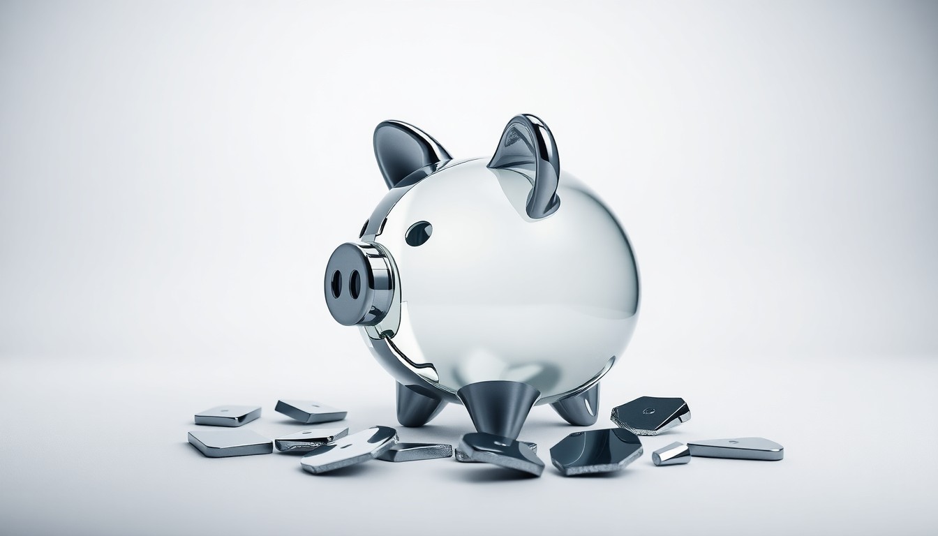 A minimalist, photorealistic studio still life featuring a broken glass and chrome piggy bank, symbolizing the financial losses experienced by Navan investors following the company's IPO.