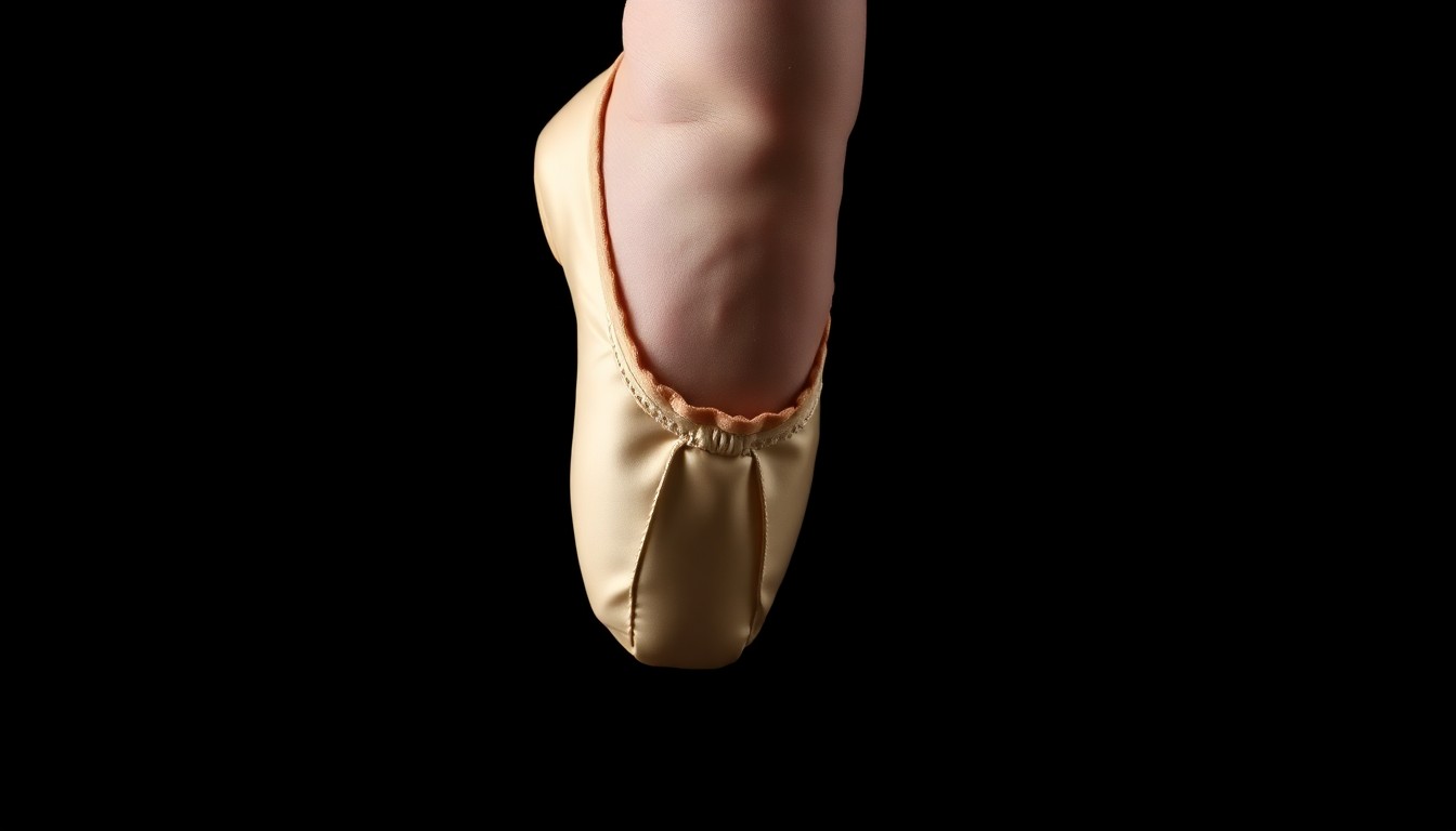 An extreme close-up photograph of a child's ballet slipper against a pitch-black background, lit by a harsh, direct camera flash, conceptually illustrating the vulnerability of young students in this disturbing case of alleged abuse.