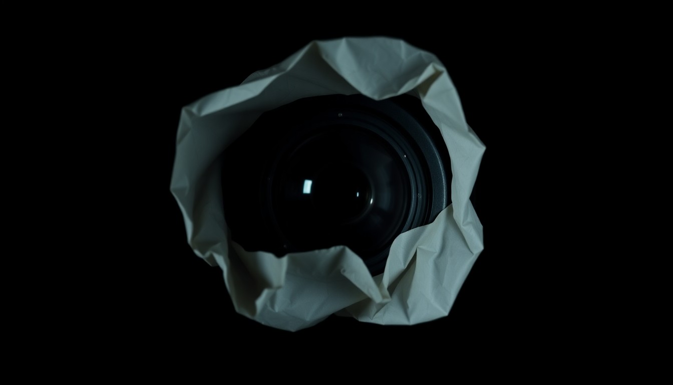 An extreme close-up of a hidden camera lens, partially obscured by a crumpled piece of paper, against a pitch-black background, creating a stark, gritty, investigative aesthetic.