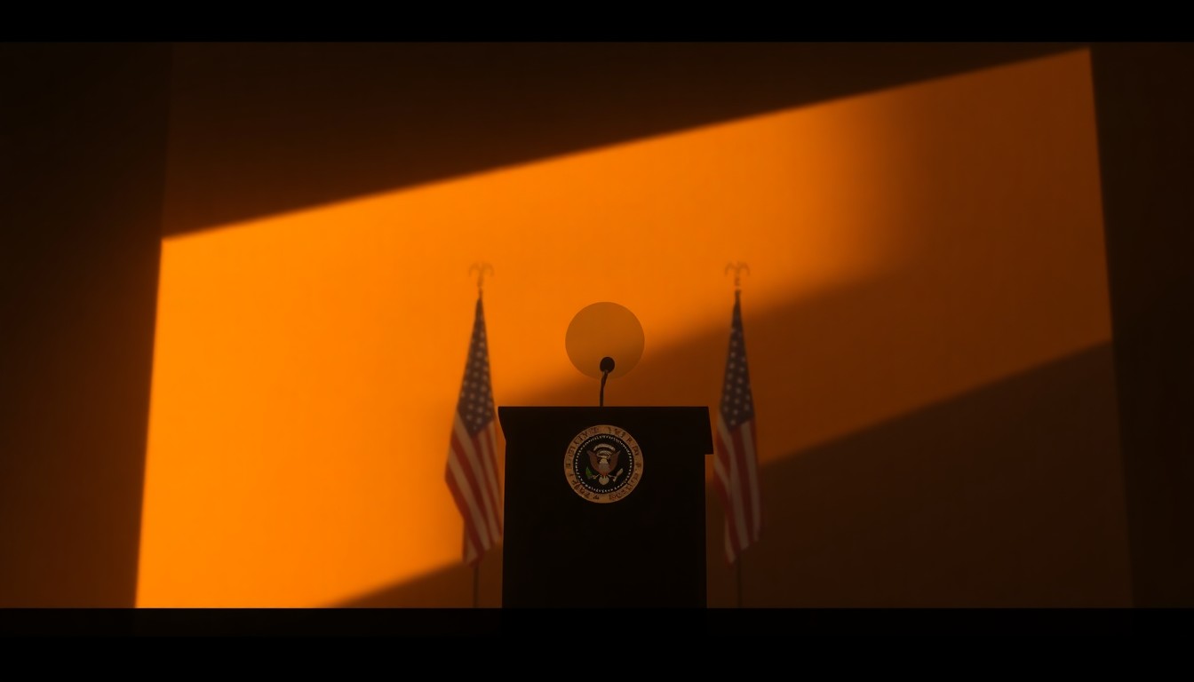 A serene, photorealistic painting of an empty presidential podium set against a dimly lit, urban backdrop, with warm light casting dramatic shadows across the scene, conveying a sense of anticipation and possibility.