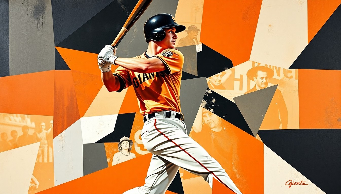A fractured, multi-perspective painting in a cubist style, breaking down a baseball player's batting motion into sharp, overlapping geometric planes in shades of orange, black, and white, conceptually representing the dynamic energy of a player's swing.