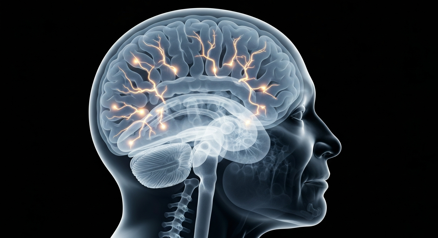 A translucent X-ray image showing the intricate neural structures of an elderly person's brain, conveying the fragility and complexity of the aging mind.