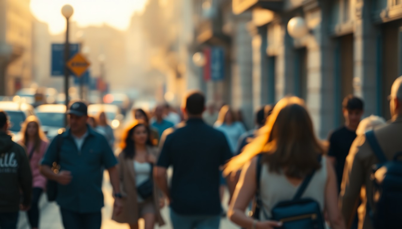An abstract, impressionistic scene of people walking together down a city street, with the figures and surroundings blurred into soft, warm pools of light and color.
