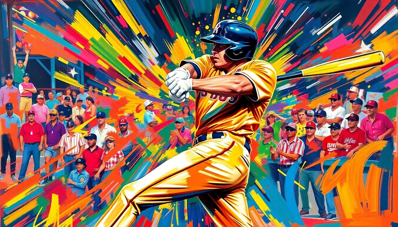 An abstract, energetic painting in neon colors depicting the powerful swing and motion of a baseball player hitting a home run, with the ball and bat blurred into vibrant streaks of light.