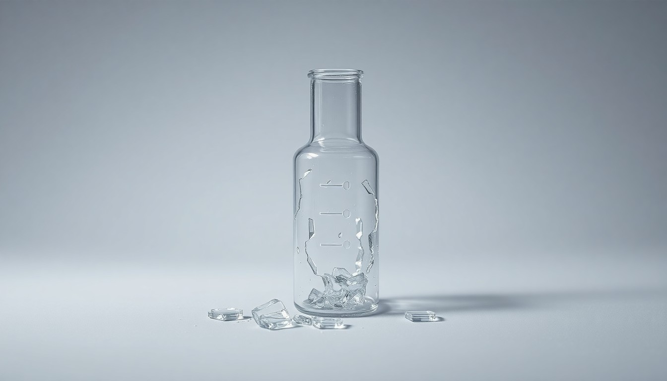 A high-end, photorealistic studio still-life photograph showing the shattered remains of a glass vial or beaker on a clean, monochromatic background, symbolizing the collapse of Corcept's drug development efforts and the financial impact on investors.