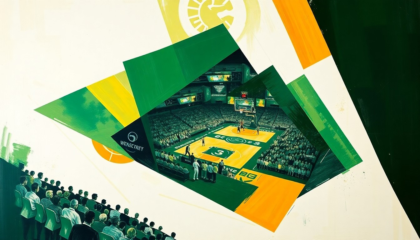 A cubist, geometric painting in shades of green and gold, depicting a fragmented, multi-perspective view of a WNBA basketball game, conceptually representing the Storm's strategic draft pick.